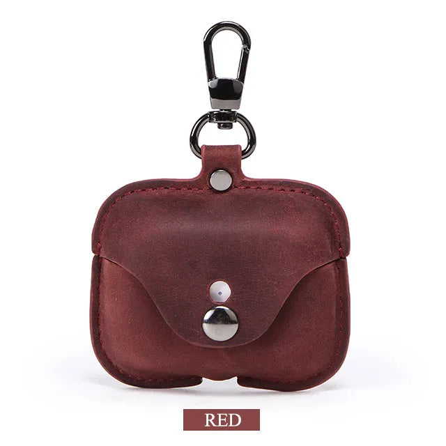 Brown leather AirPods Pro case with vintage clamshell design and crazy horse pattern texture