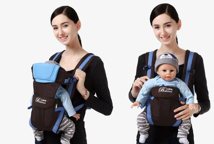 Double shoulder baby carrier with hip seat support in khaki, blue, orange, and pink colors