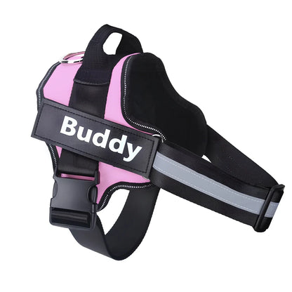 Adjustable nylon no-pull dog harness in black with reflective straps and custom patch, fits bust 25-120cm for small to large breeds