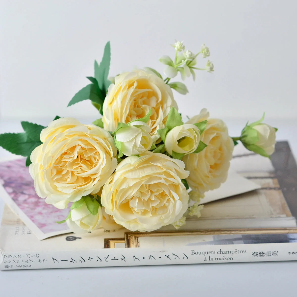Korean silk flower bouquet with five peonies, 31cm in height, available in six colours