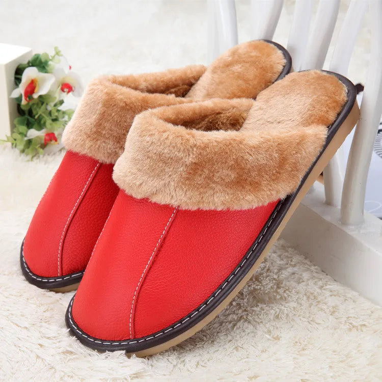 Baotou slippers with leather upper and anti-skid sole, available in candy colours for indoor winter wear