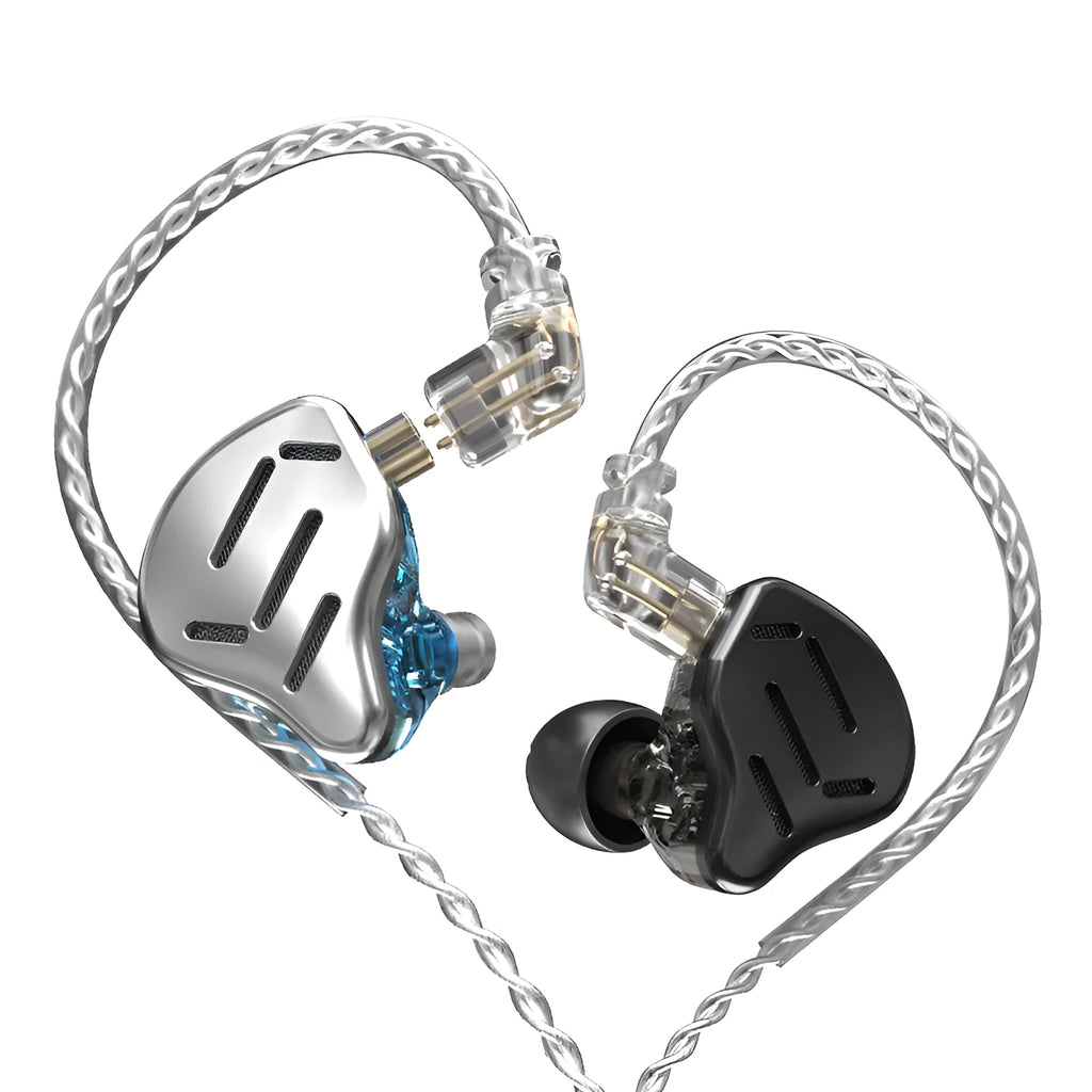 KZ ZAX in-ear headphones with detachable cable in black or silver blue finish showing 3.5mm L-bend plug