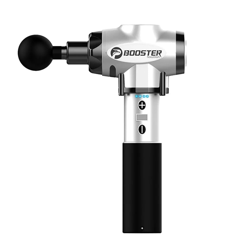 Black and white massage gun with adjustable speed control for muscle relaxation