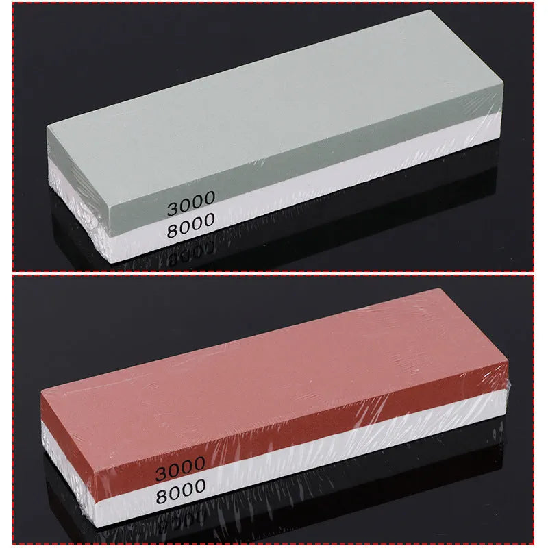 White corundum whetstone with 3000/8000 grit sides, bamboo base, correction stone and accessories for kitchen knife sharpening