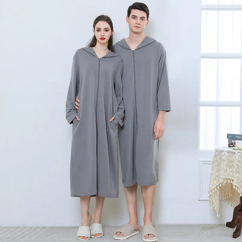 Hooded zipper bathrobe set for couples in thin polyester, available in multiple colours