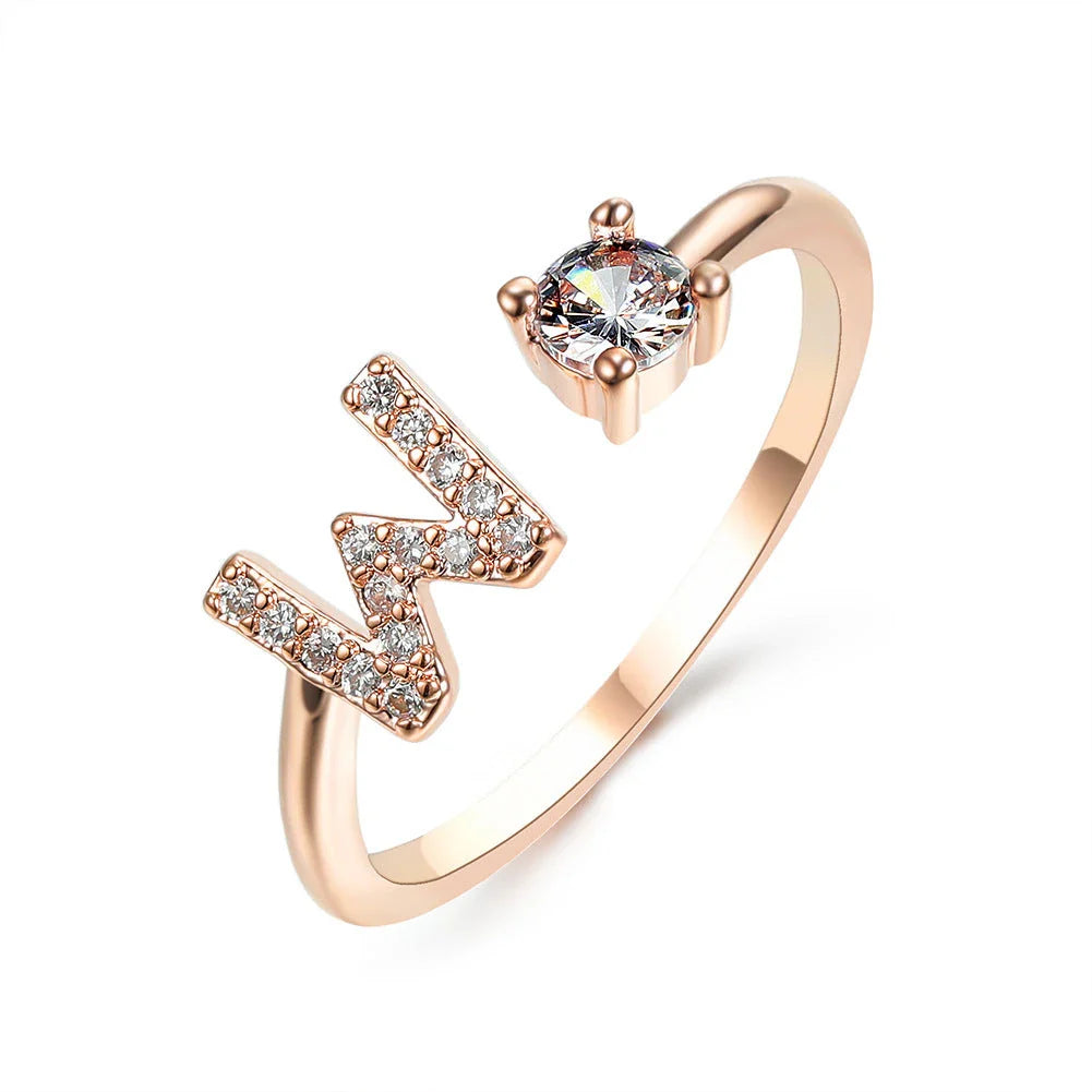 Elegant 26-letter adjustable initial ring in gold, silver, and rose gold finishes