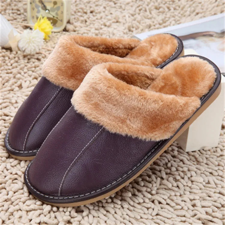 Baotou slippers with leather upper and anti-skid sole, available in candy colours for indoor winter wear