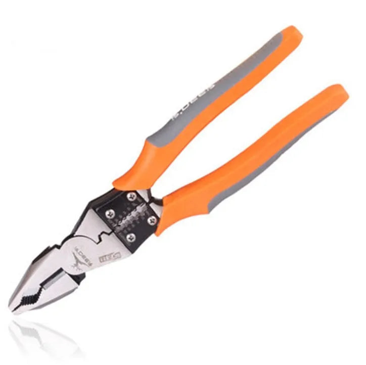 Orange 9-inch multi-function wire cutter pliers with chrome steel crimping head and textured PVC handles.