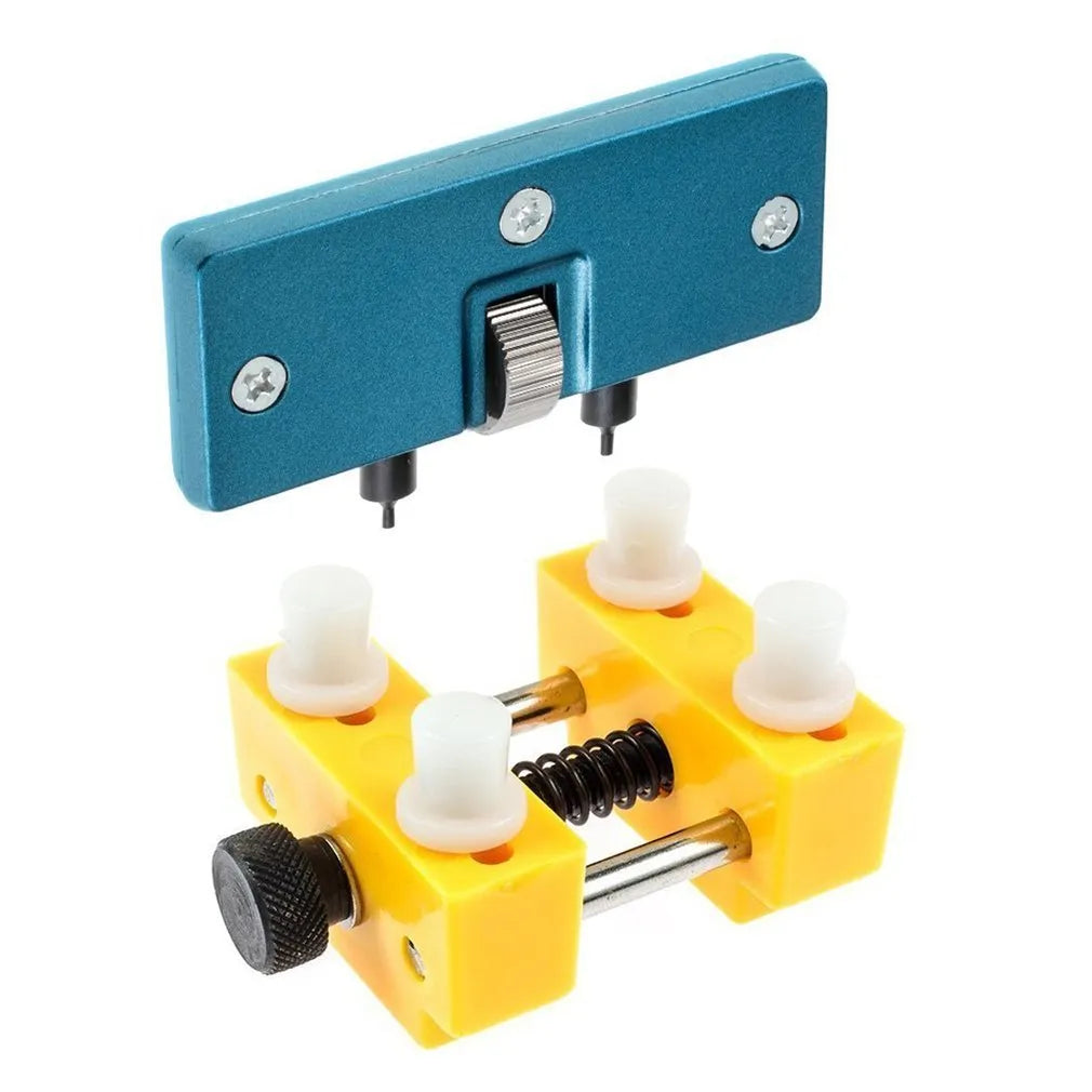 Yellow plastic watch case opener tool and fixing base set for watch repair and battery changes
