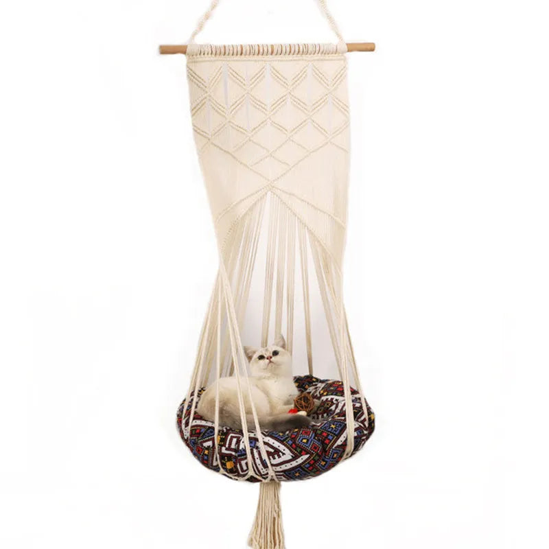Handmade macrame pet swing cage cotton bed rectangular shape plain pattern European style