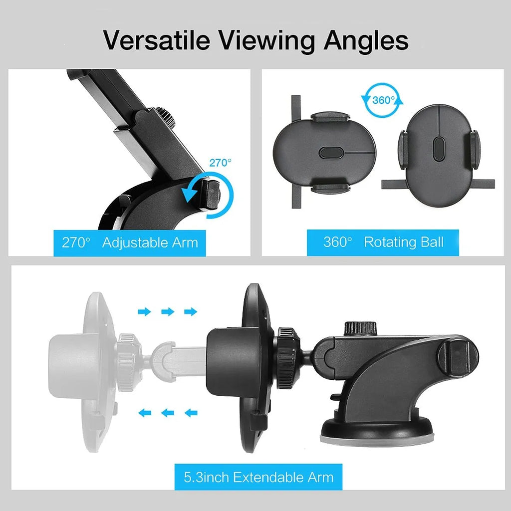 Black telescopic car dashboard phone holder with suction cup extended, showing 360-degree rotation.