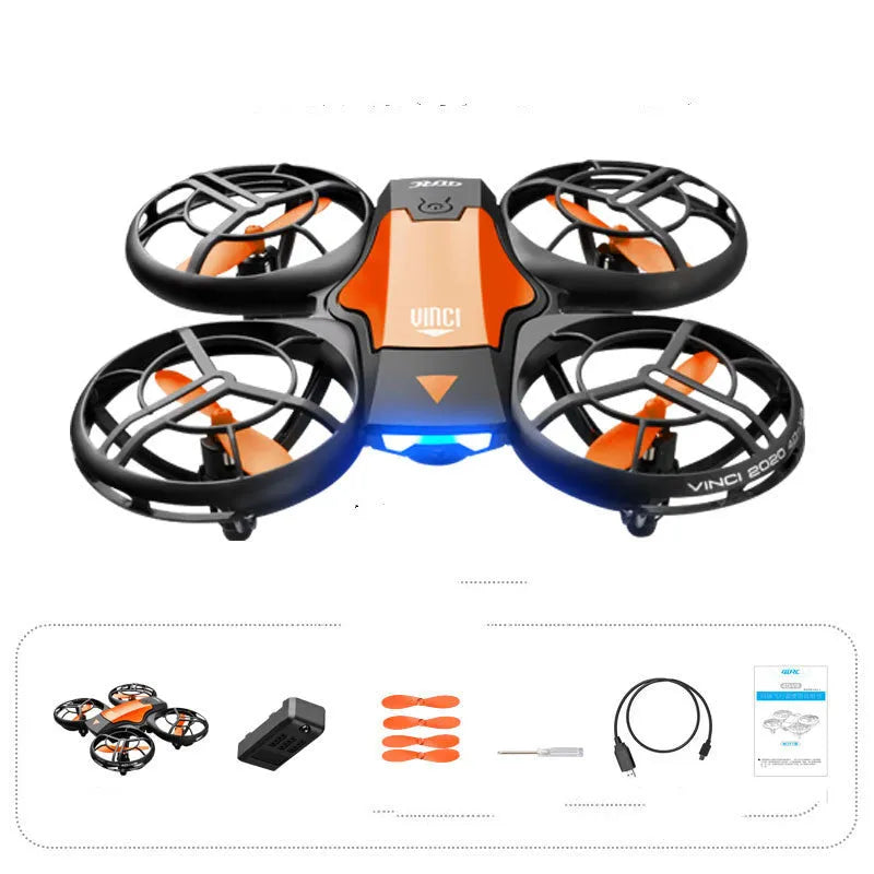 Blue or orange V8 mini RC quadcopter drone with propellers, shown with remote control and storage bag.