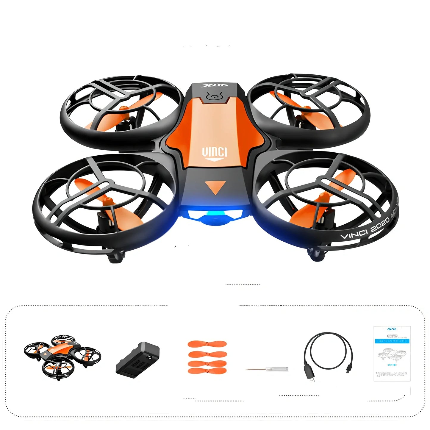 Blue V8 mini RC drone with gesture sensor, HD camera, altitude hold, size under 30cm, orange variant available