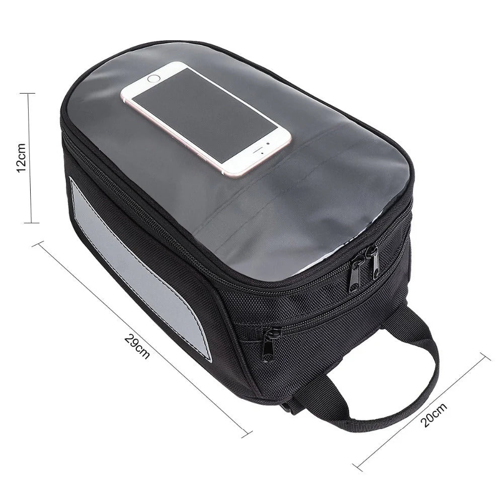 Black waterproof magnetic motorcycle fuel tank bag with reflective strips for safety