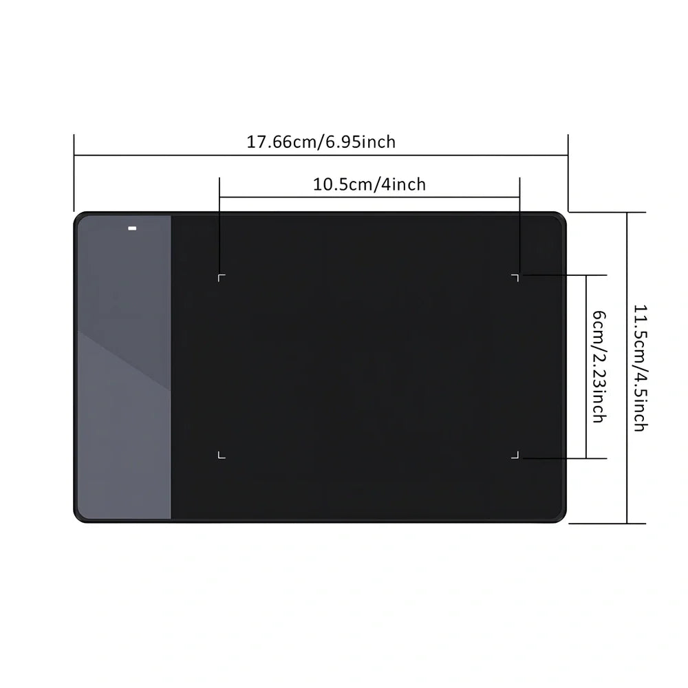 HUION 420 black graphics tablet with stylus, 176x115x7.5mm size, 2048 pressure levels for drawing.