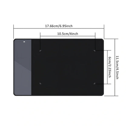 HUION 420 black graphics tablet with stylus, 176x115x7.5mm size, 2048 pressure levels for drawing.