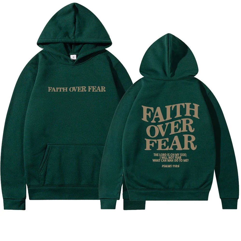 Inspirational Christian hoodie with 'Faith Over Fear' graphic in various colors