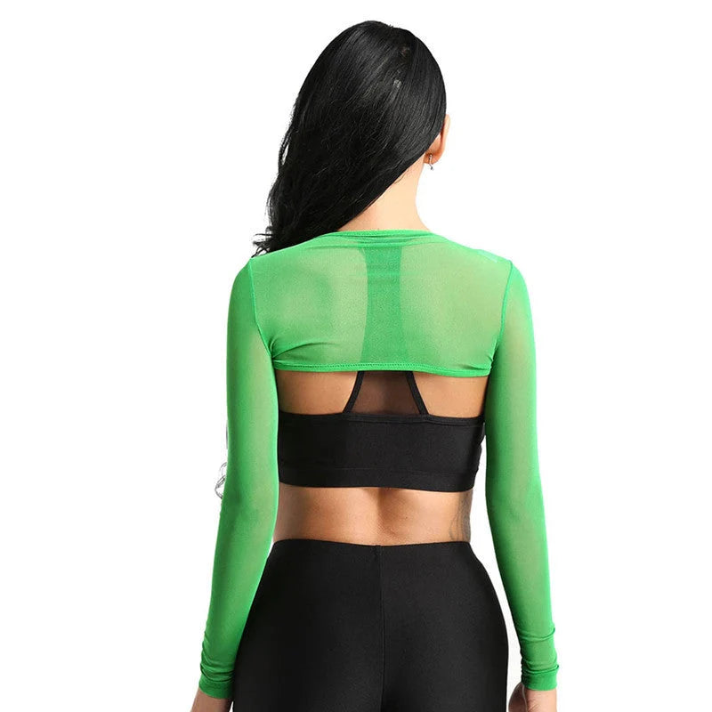 Women's mesh crop top with button front in green and black