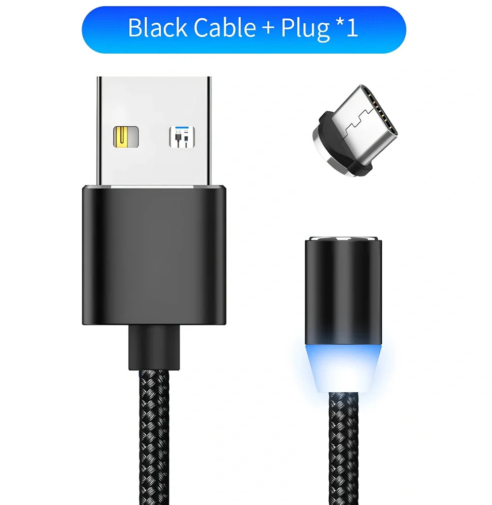 YBD 1m black magnetic LED charging cable with three-in-one plugs for iPhone and Android, showing N52 magnet connection