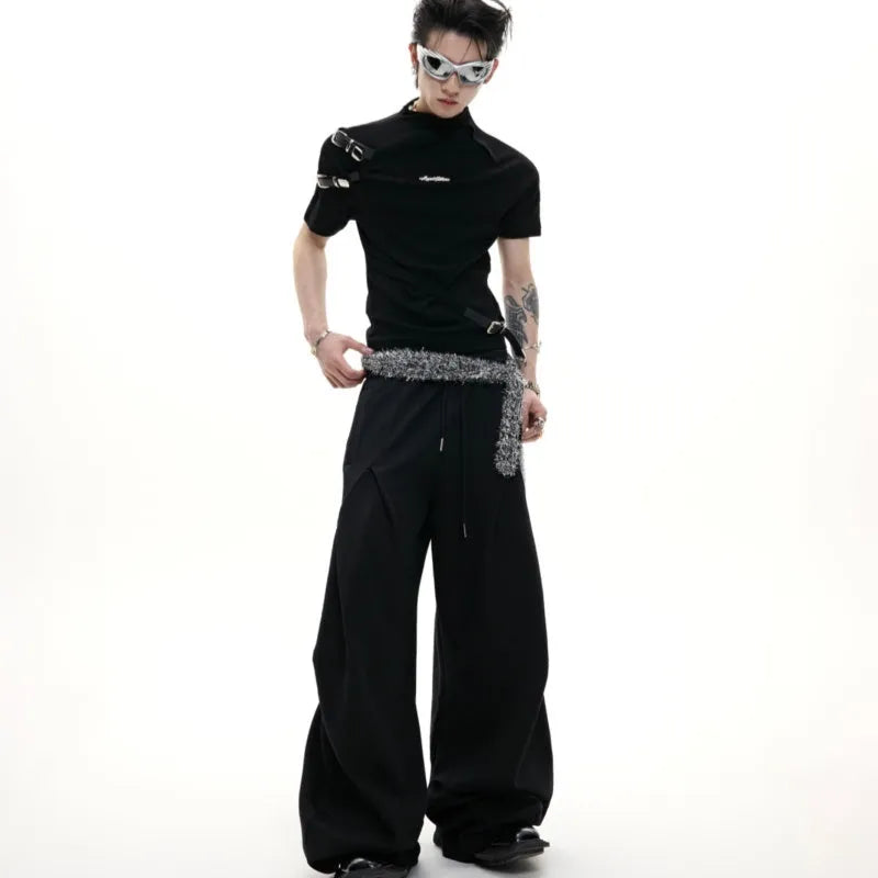 Men's slim fit cotton T-shirt with metal belt detail and small stand-up collar in black
