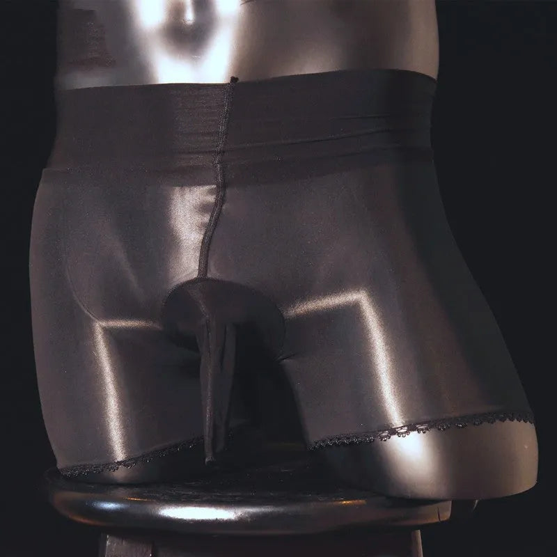 Men's shiny transparent nylon underwear in black, skin colour, coffee and red with lace closures
