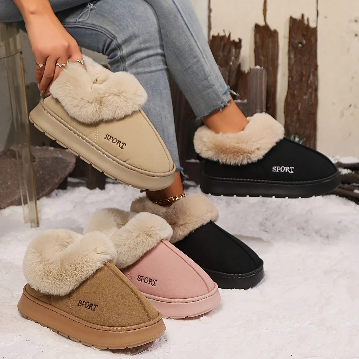 Cozy faux fur-lined platform slippers for women in various colors with non-slip soles and comfortable design