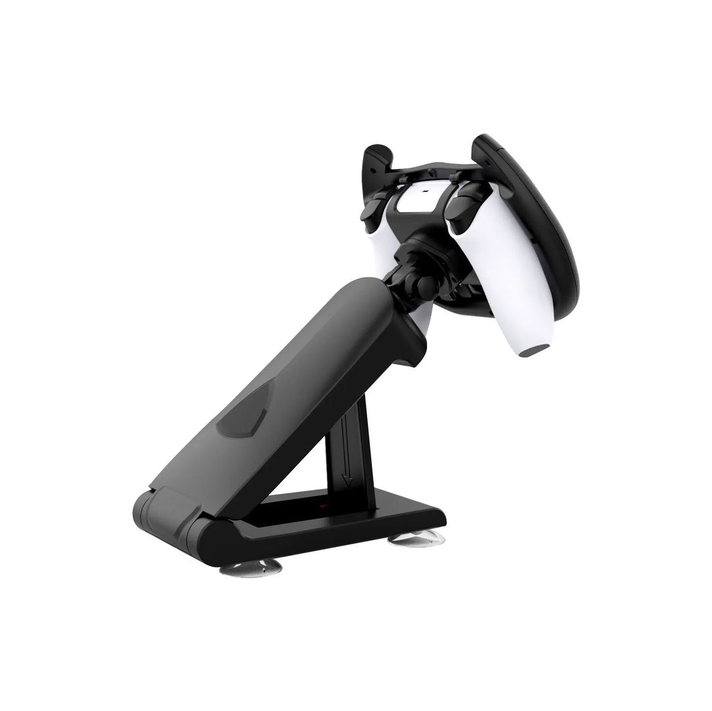Black ABS plastic steering wheel bracket with a suction cup base for mounting smartphones during games.