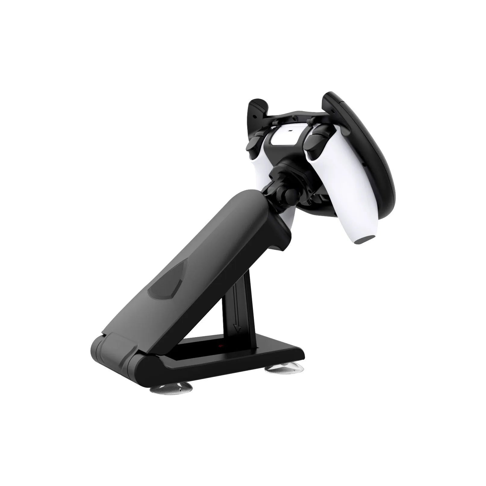 Black ABS plastic steering wheel bracket with a suction cup base for mounting smartphones during games.