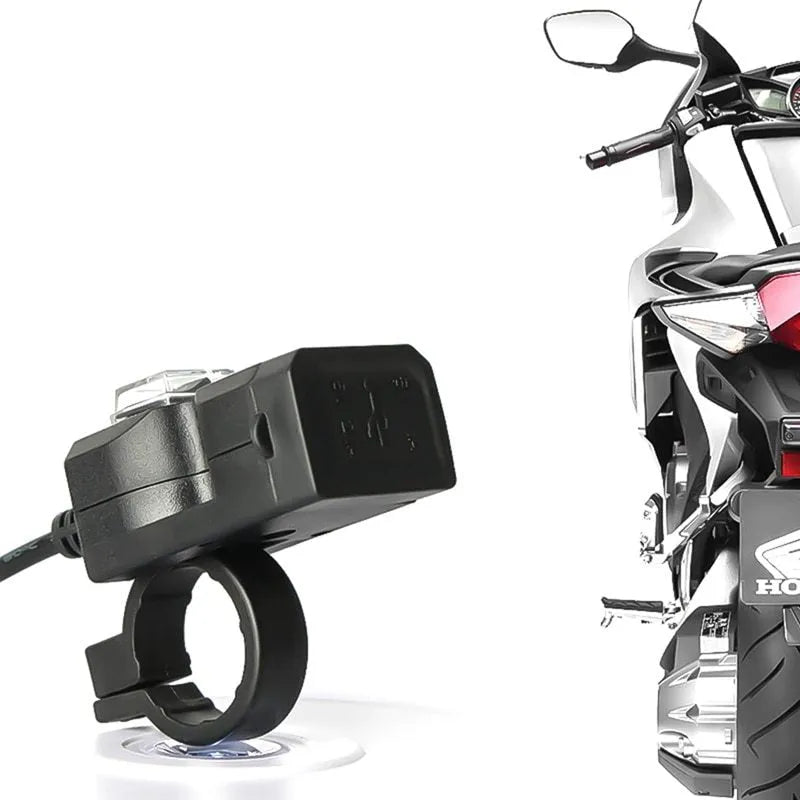 Dual USB 12V waterproof motorcycle handlebar charger with ABD housing, two ports for charging phones and GPS