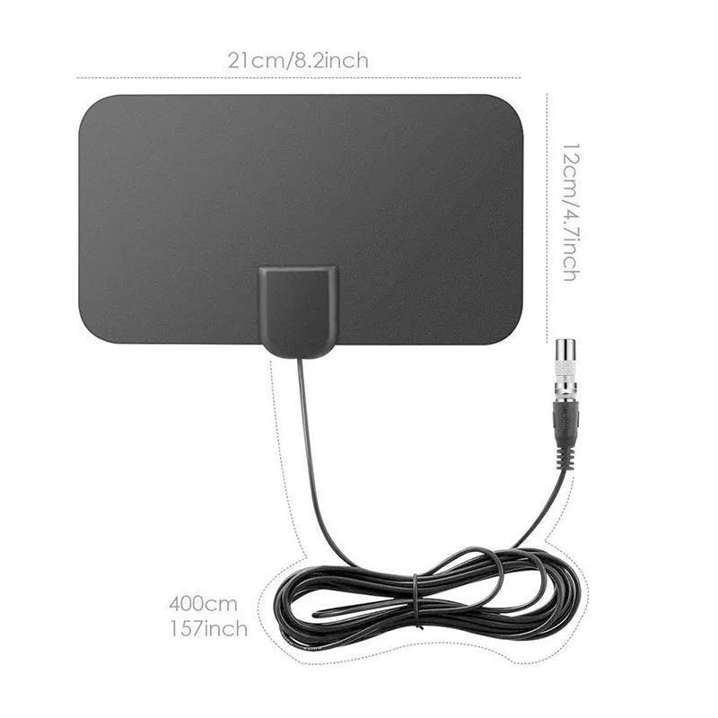 Black digital HD indoor TV plate antenna measuring 210x120mm with 3-metre coaxial cable