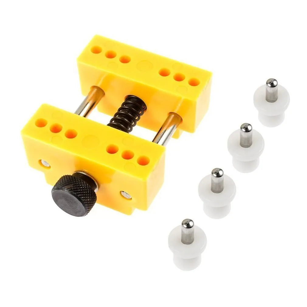 Yellow plastic watch case opener tool and fixing base set for watch repair and battery changes