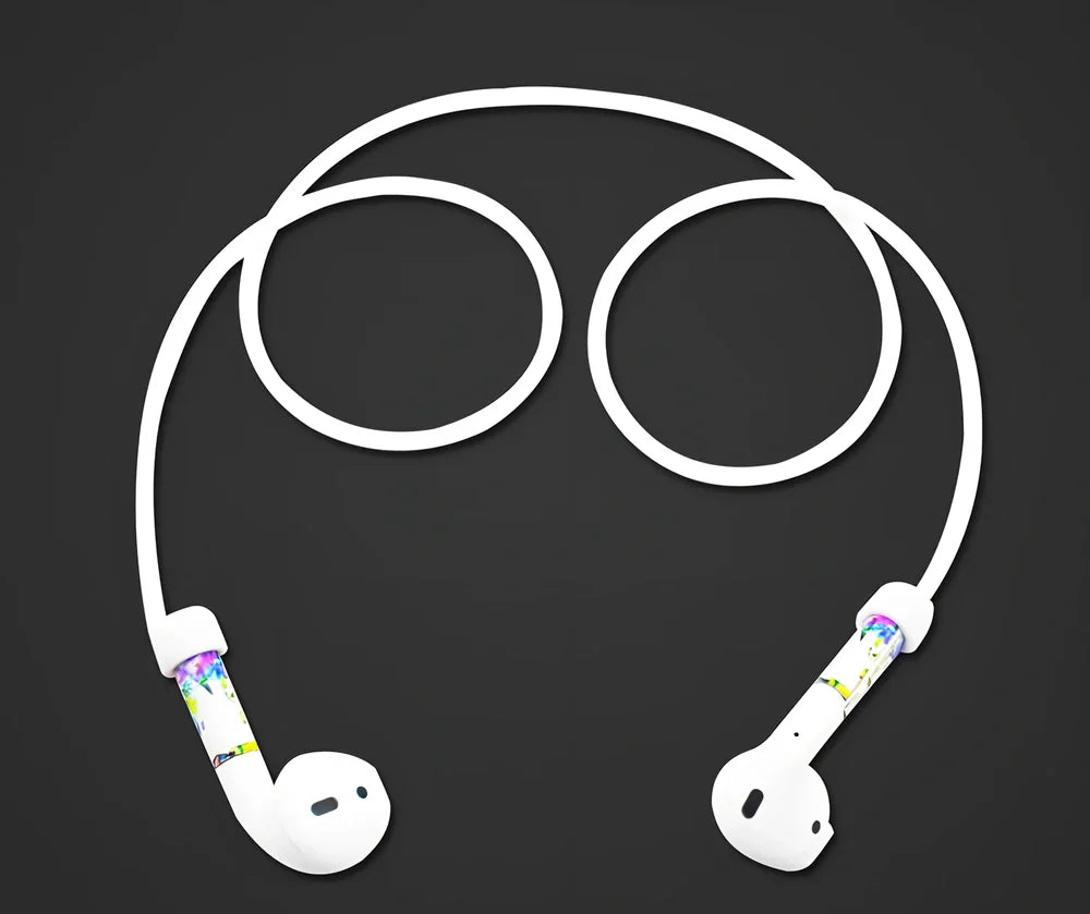 Black silicone protective cover for AirPods with 10cm anti-loss rope, hanging buckle, and earplug sleeves, weighing 36g total