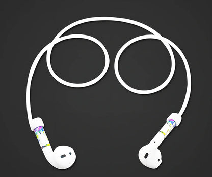 Black silicone protective cover for AirPods with 10cm anti-loss rope, hanging buckle, and earplug sleeves, weighing 36g total