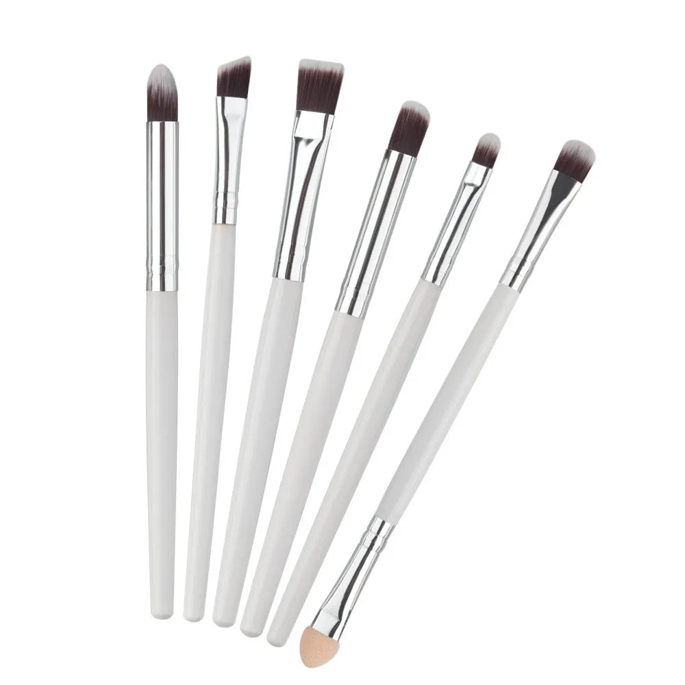 6-piece eye makeup brush set with wood handle and nylon bristles in black, green black, purple black, and white options