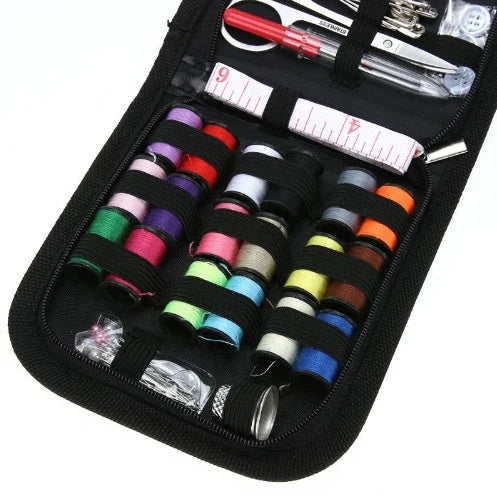 Compact black sewing kit with 98-piece accessory set for home tailoring and creative projects