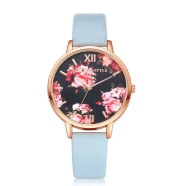 Rose gold women's watch with leather strap and love heart design