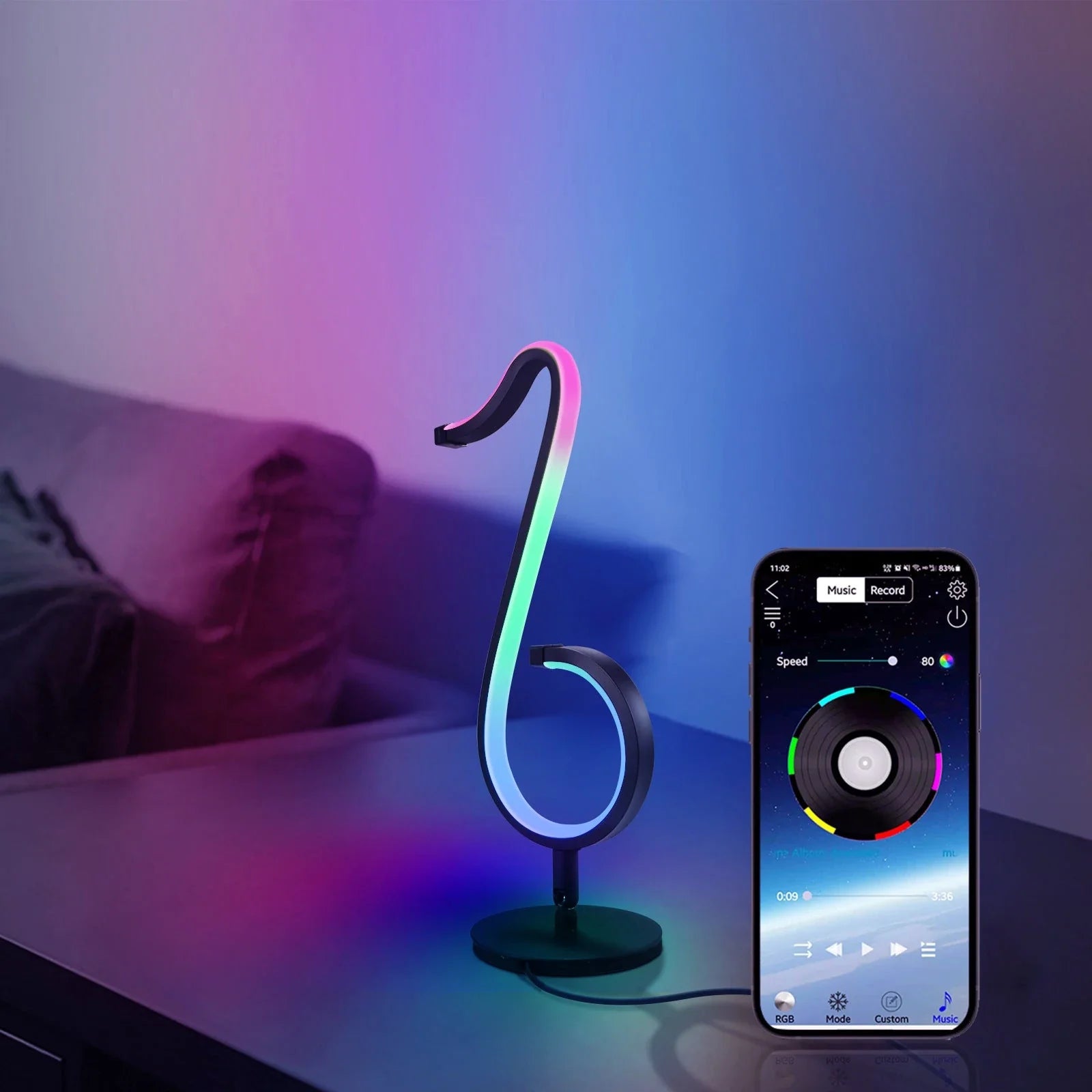 Versatile Symphony Atmosphere Light with rotating design, RGB color-changing modes, and smartphone app control