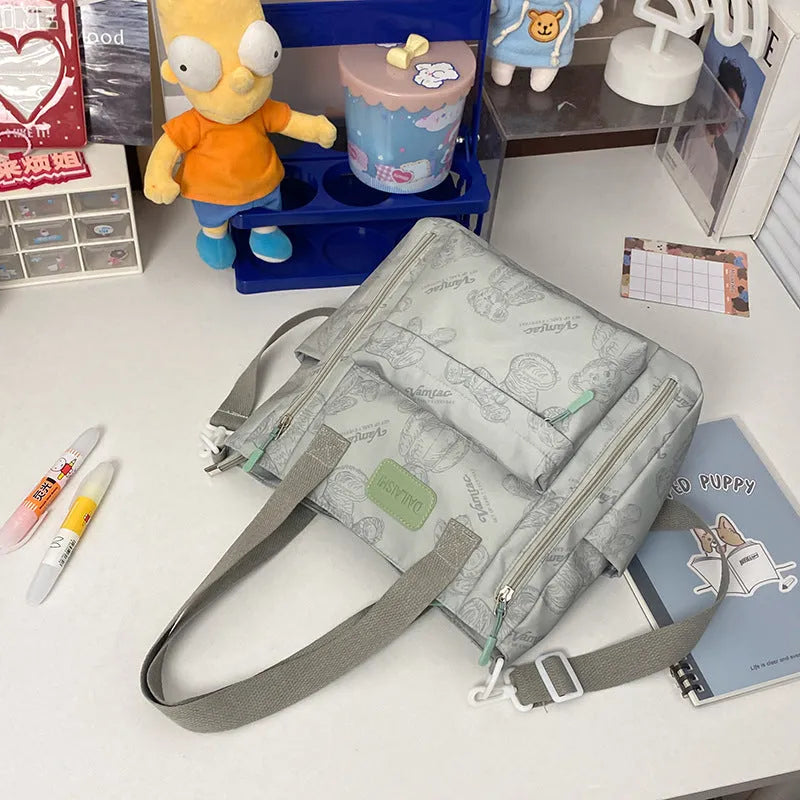Bear print large capacity multi-pocket nylon tote bag in milky white
