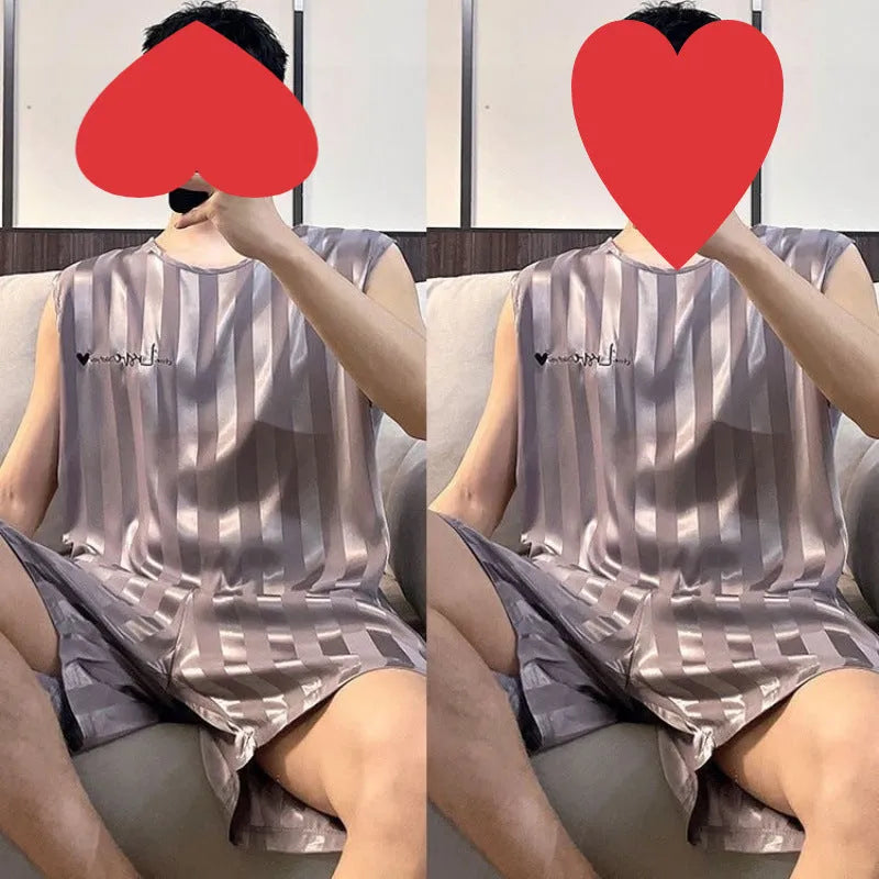 Men's ice silk vest and shorts pajama set in solid colour with embroidery, summer sleepwear