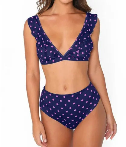 Dot floral border high waist women's swimsuit in blue with side view showing waist detail