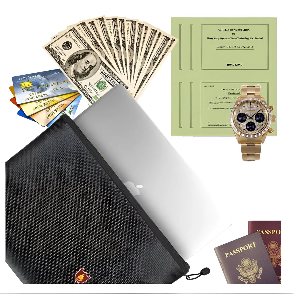 Black fire-proof contract document bag with organisational pockets shown in three size options
