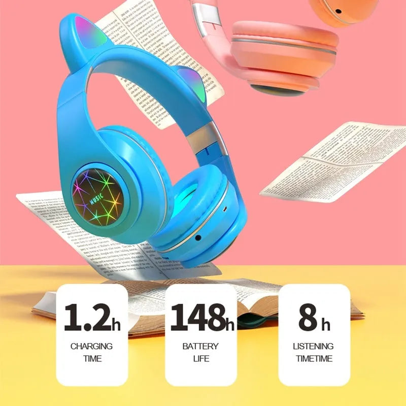 Cat ear design wireless Bluetooth headphones shown in multiple colours including pink, black, and blue.