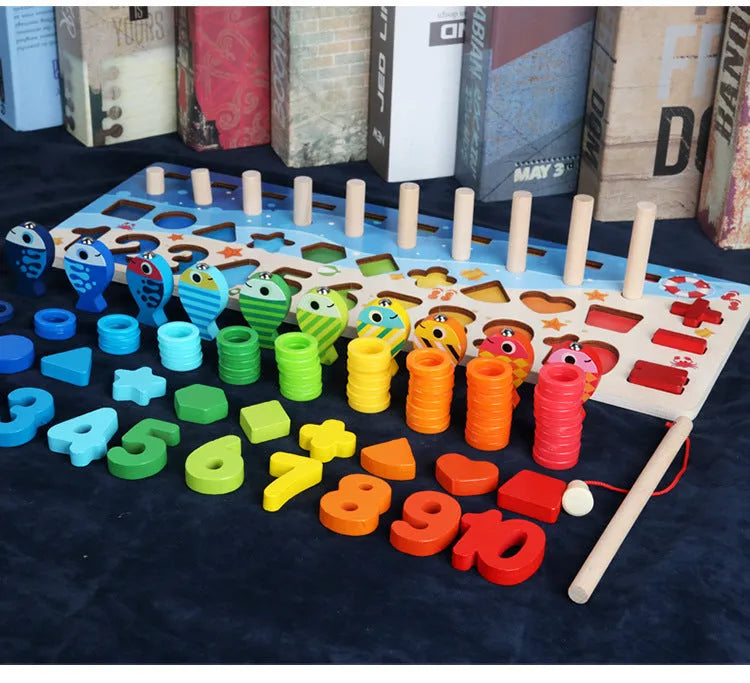 Wooden 3D alphabet number puzzle with colourful geometric letters and numbers on 42 cm board