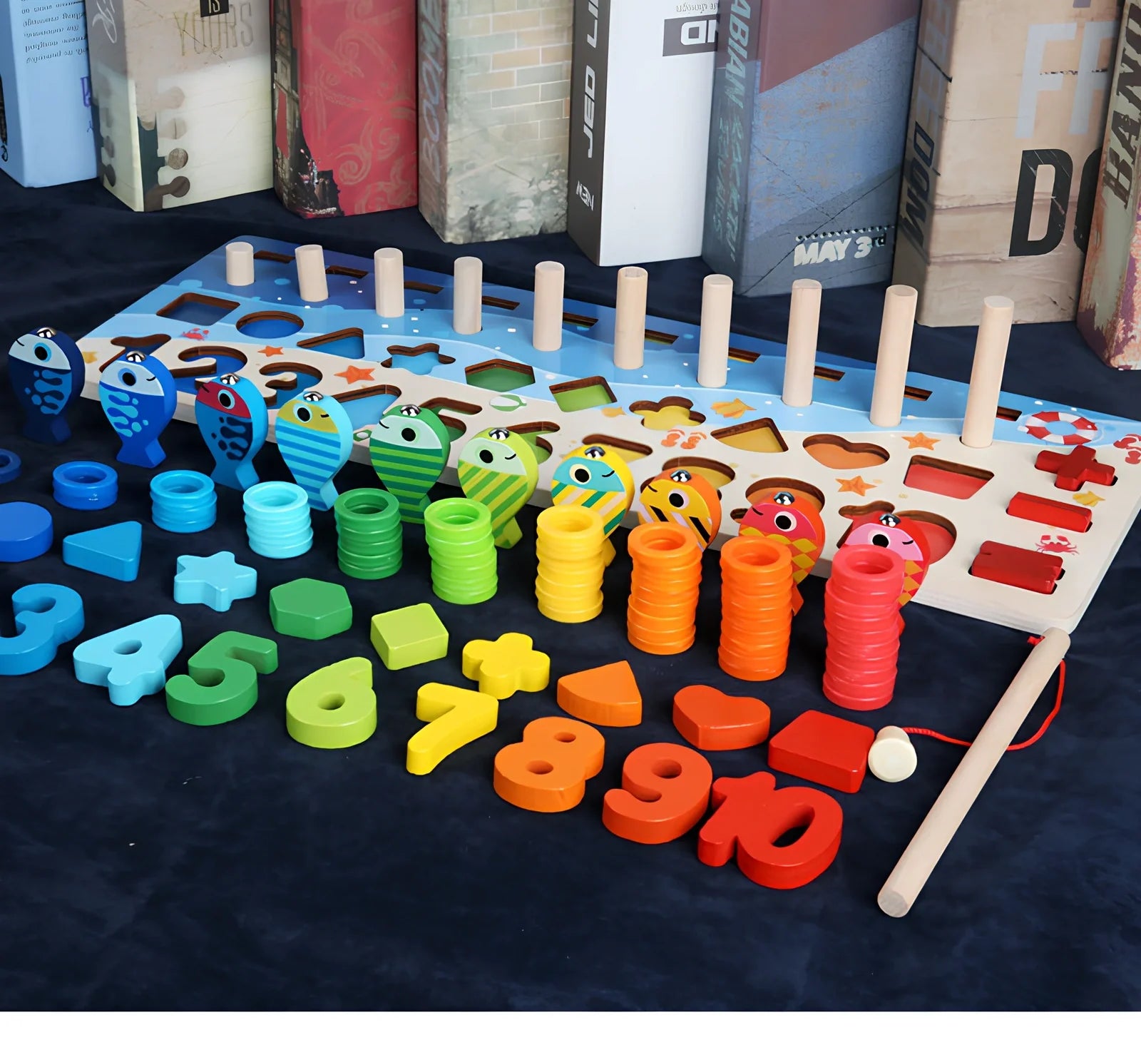 Wooden 3D alphabet number puzzle board 42x16x8 cm with geometric letter and number pieces in ocean blue theme