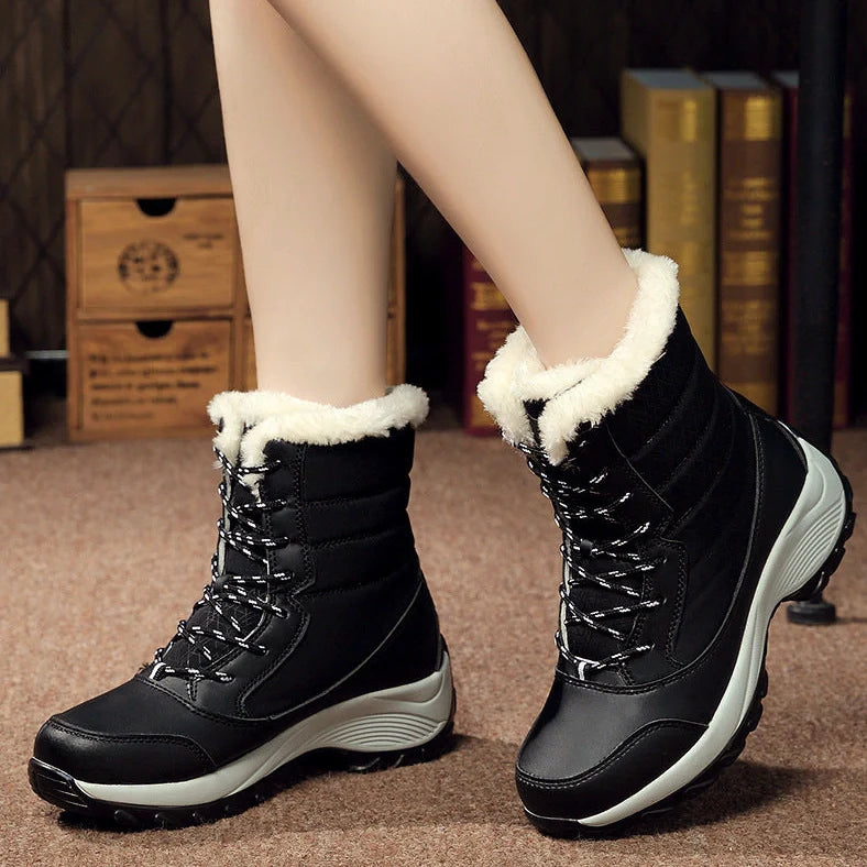Women's velvet high-top snow boots with wedge heel and artificial hair lining in winter setting