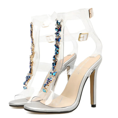 Silver high heel women's sandals with 8 cm heel, PVC upper, and rubber sole in sizes 35-42