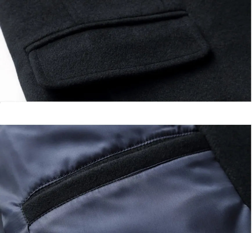 Men's woolen jacket in black, winter coat with woolen cloth fabric