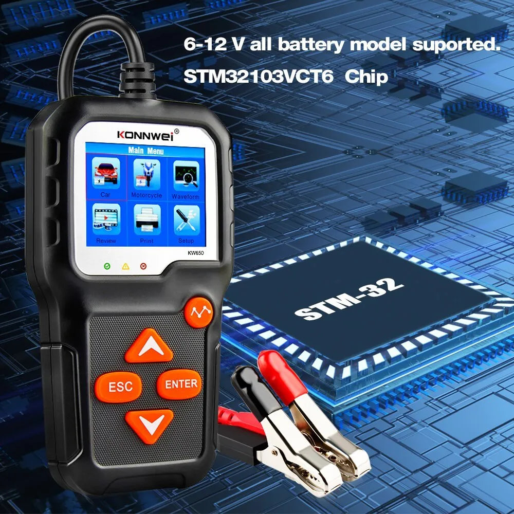 KONNWEI KW650 battery tester with LCD screen and three LED indicators, black casing