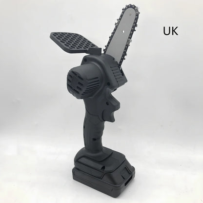 Black 4-inch rechargeable electric chainsaw with steel chain and bare metal body for garden pruning, 1000W power