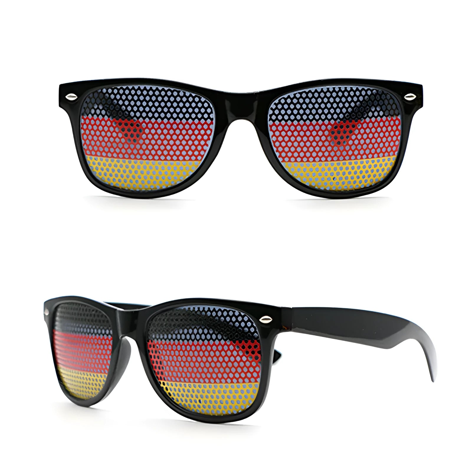 Black frame sunglasses with small hole sticker designs showing various national flags including USA UK Germany Italy France